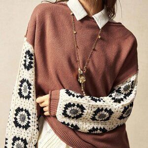 Brown Casual Women's Boho Crochet Patchwork Sweater top